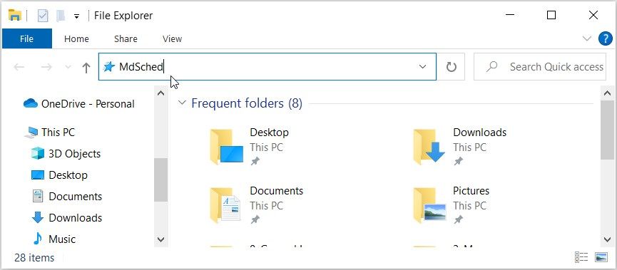 Ouverture de l'outil de diagnostic de la mémoire Windows à l'aide de la barre d'adresse de l'explorateur de fichiers