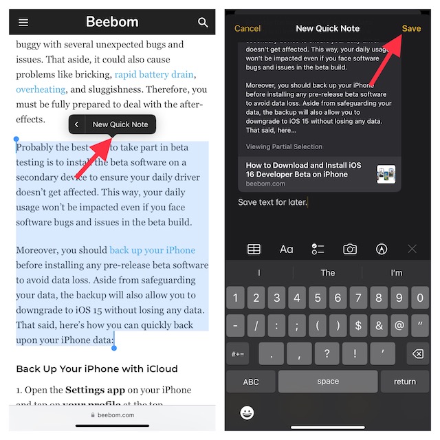 Utilisez Quick Note pour enregistrer du texte sur iPhone