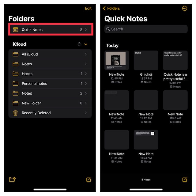 Accéder aux notes rapides dans l'application Apple Notes sur iPhone