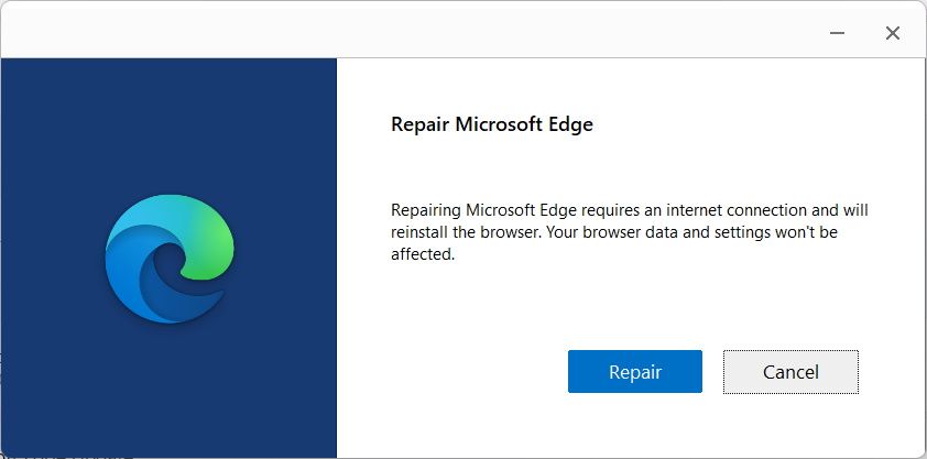 Fenêtre de réparation d'Edge dans Windows 11.
