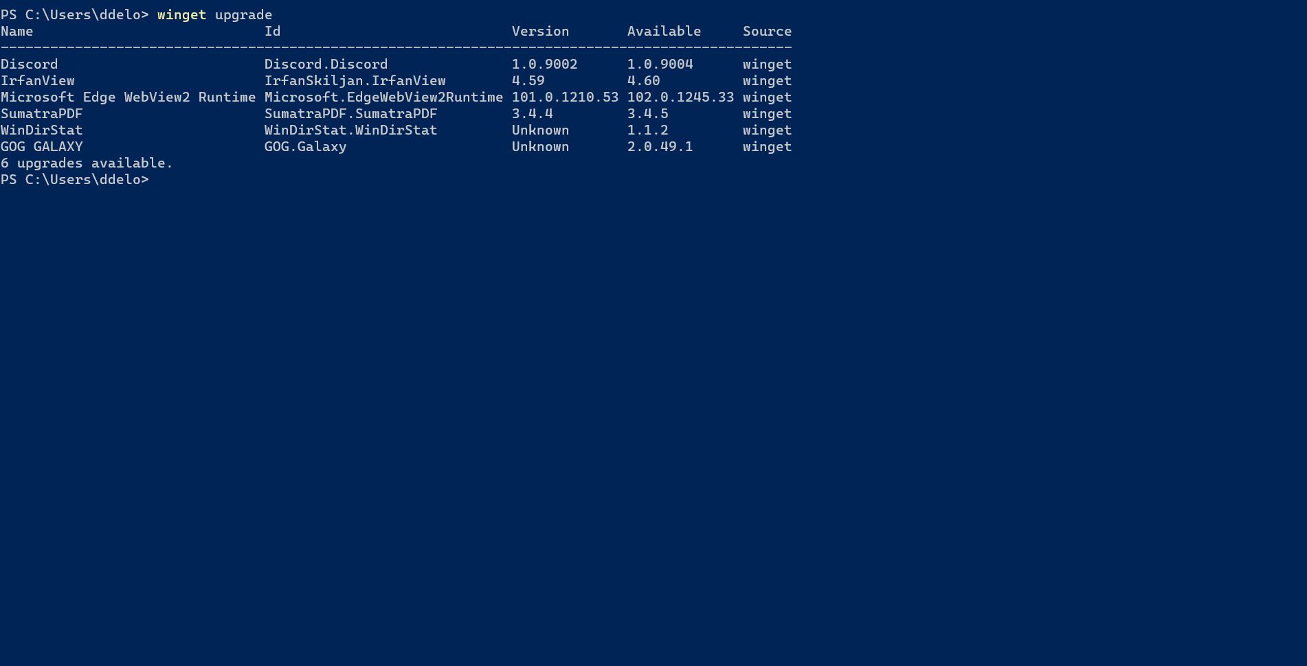 Winget montrant les packages disponibles pour la mise à niveau dans Windows 11 PowerShell