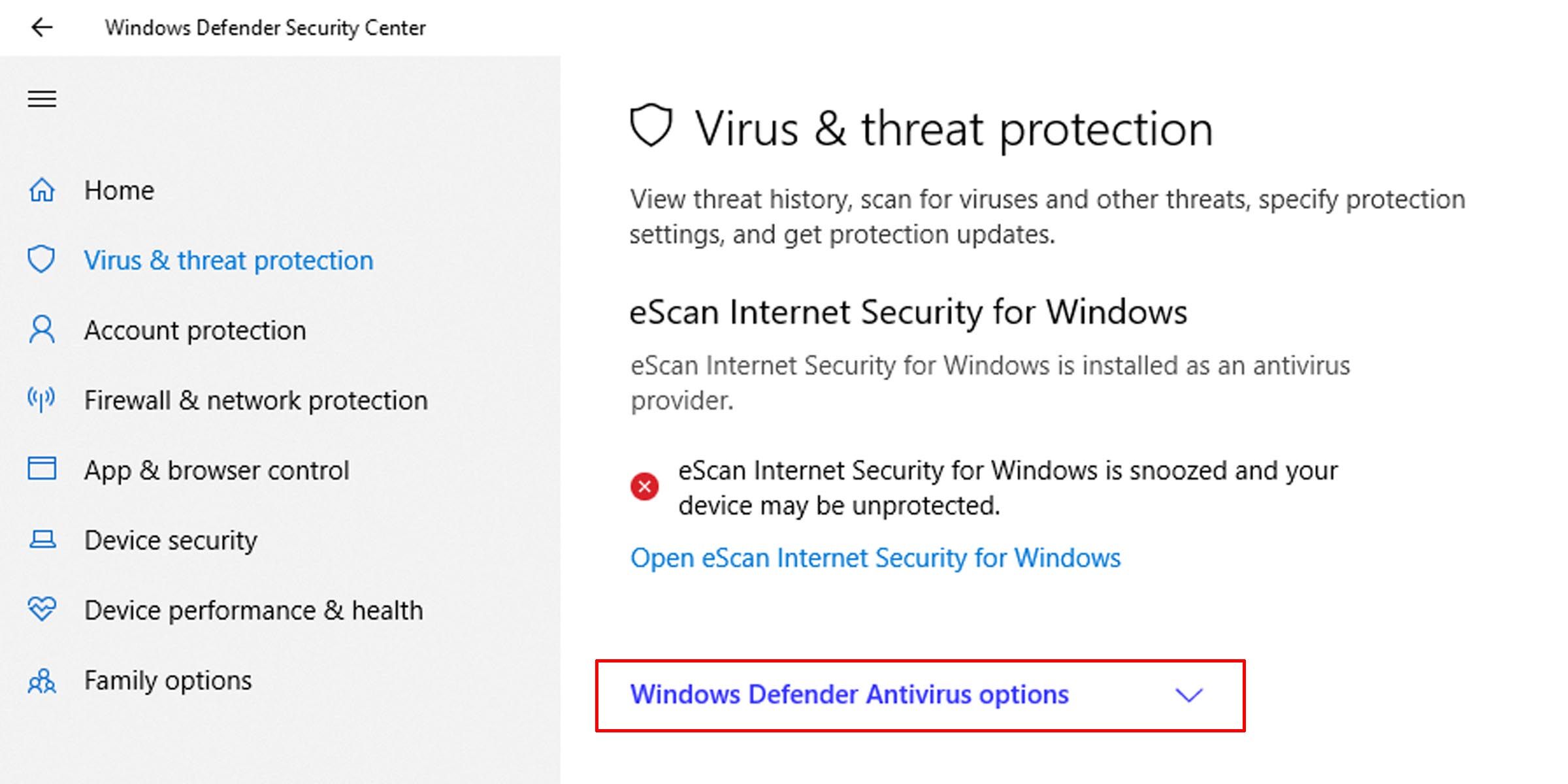 Options de Windows Defender