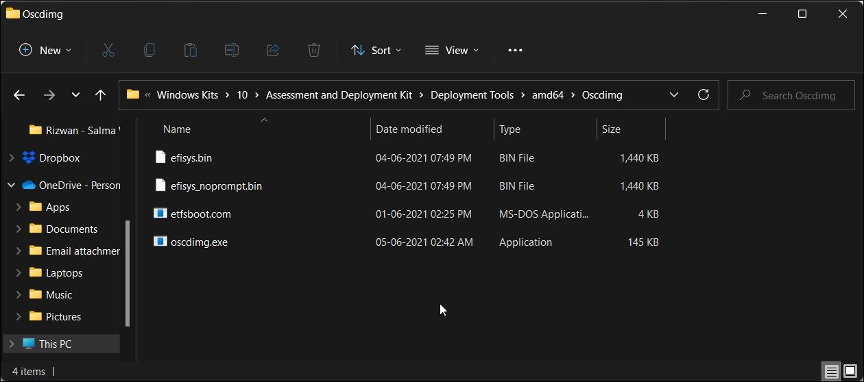 Dossier d'installation de Windows Adk de l'outil OSCDIMG