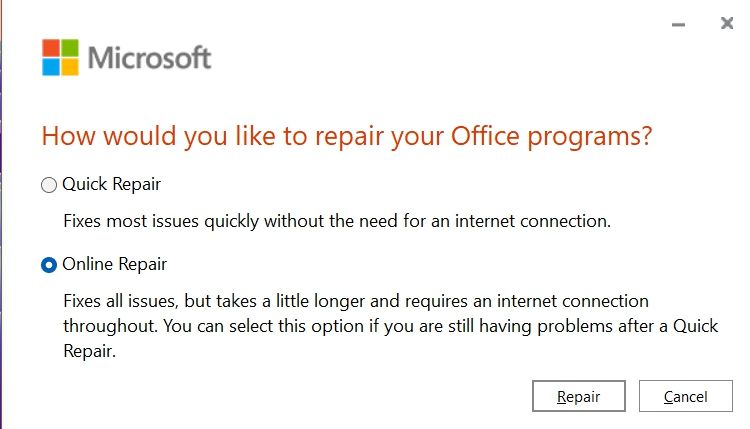 Option de réparation de Microsoft Office