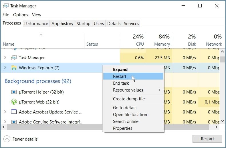 Redémarrage de l'explorateur de fichiers Windows