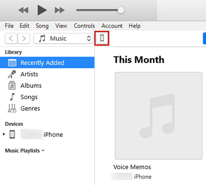 Ouvrez l'appareil iPhone en cliquant sur l'icône de l'appareil située sous le menu Compte dans l'application iTunes