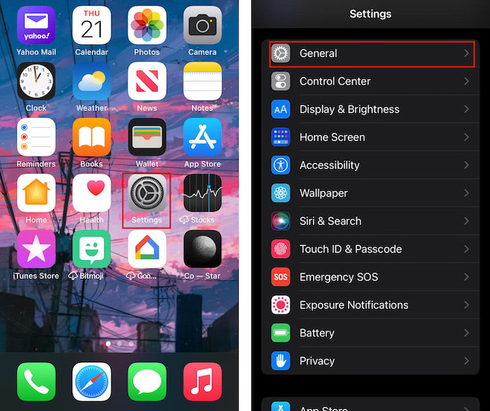 Ouvrez l'onglet Général situé dans le menu Paramètres d'un appareil iOS