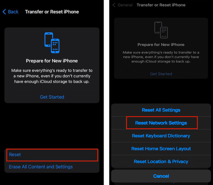 Les options pour réinitialiser les paramètres incluent la réinitialisation des paramètres réseau dans un appareil iOS