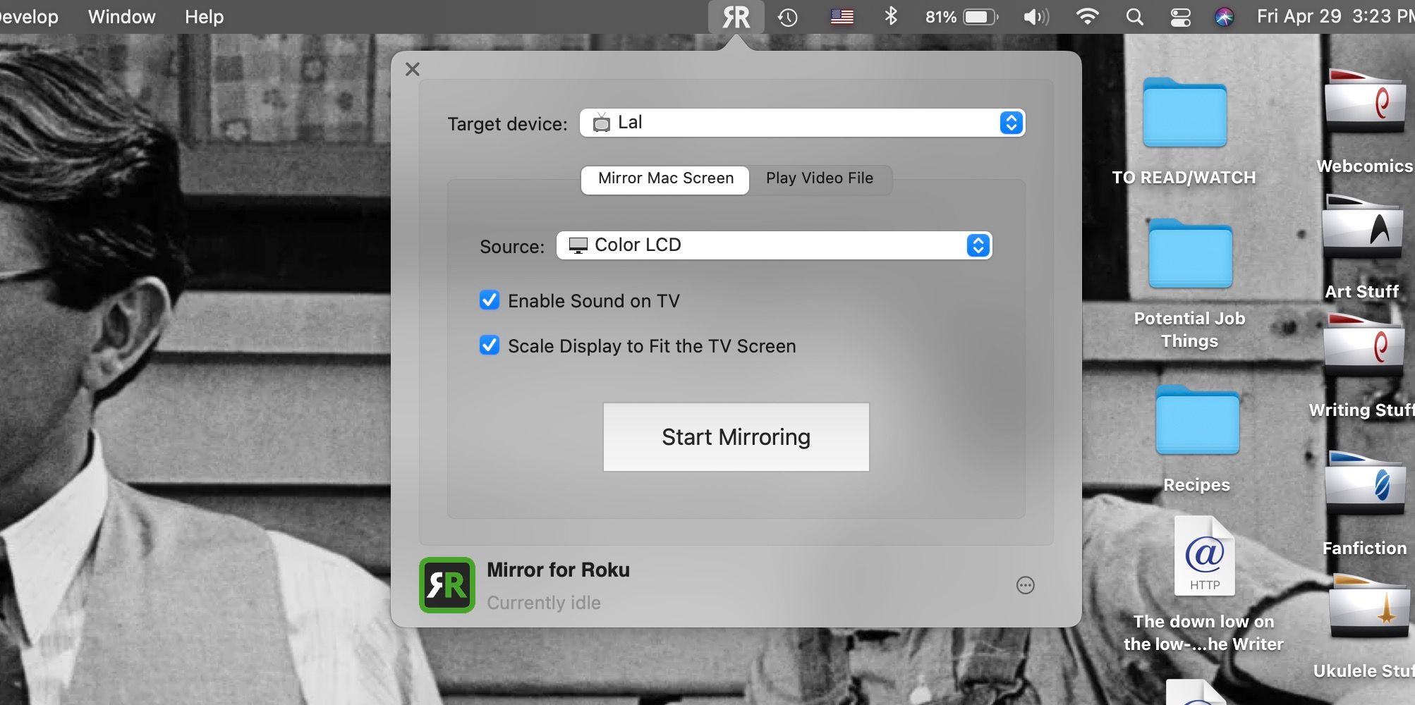 Application Mirror For Roku ouverte sur MacBook