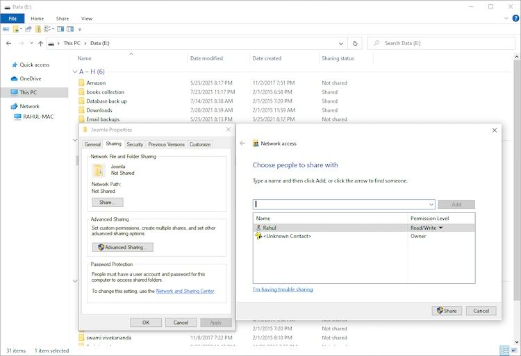 partage de fichiers et de dossiers réseau Windows10