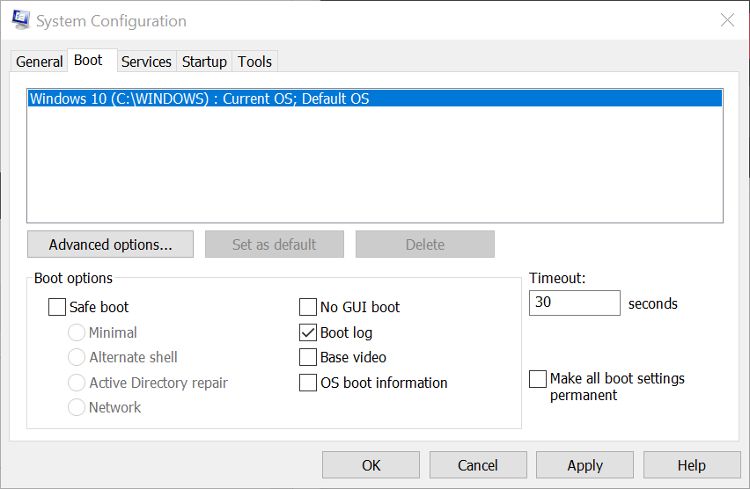 L'écran des options de démarrage dans msconfig sous Windows