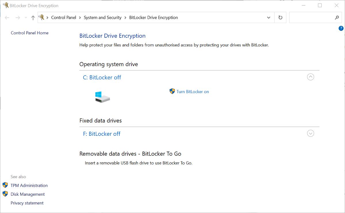 L'écran des paramètres BitLocker dans Windows 10
