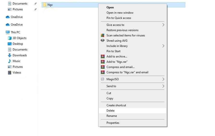 Suppression du dossier Ngc dans Windows 10