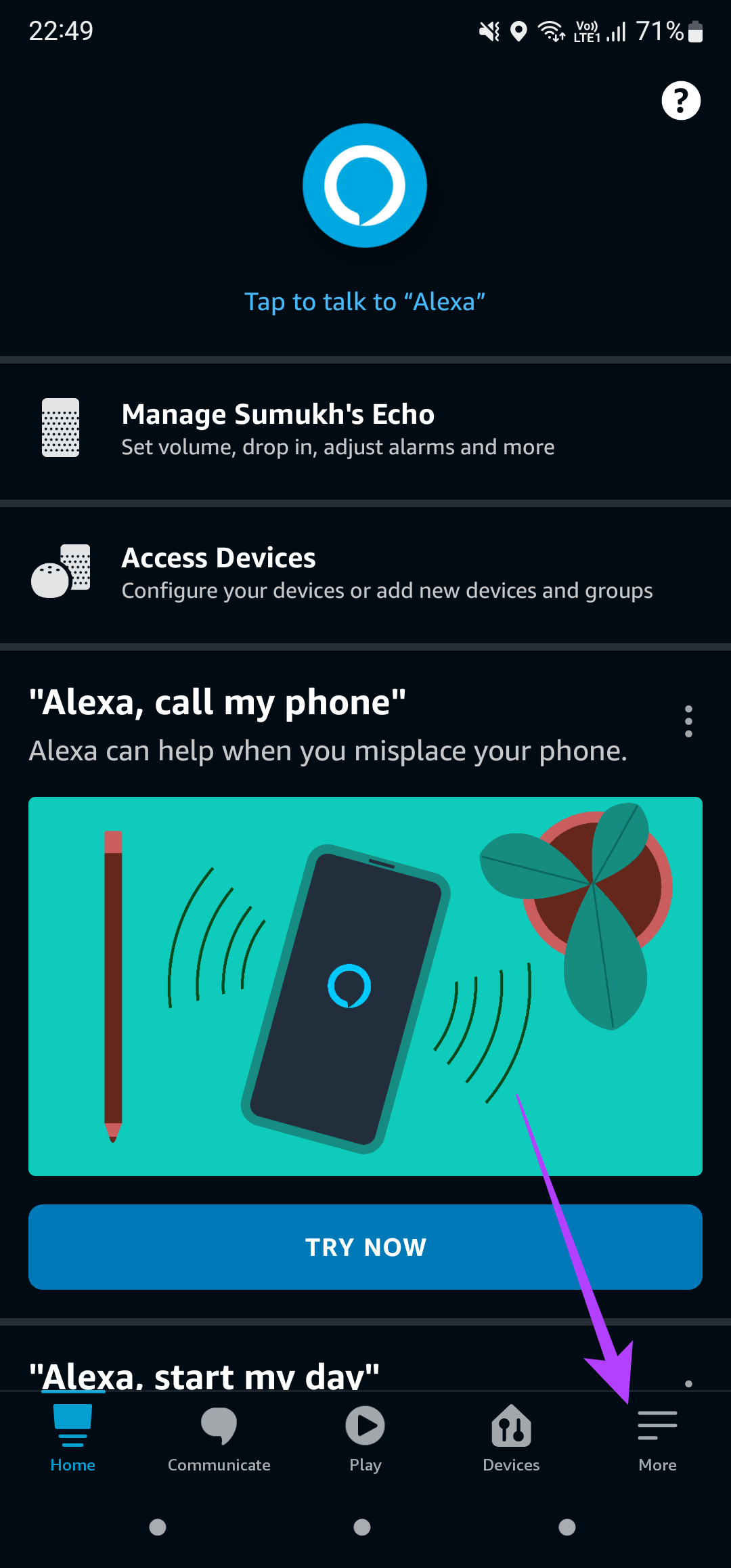 onglet plus sur l'application Alexa