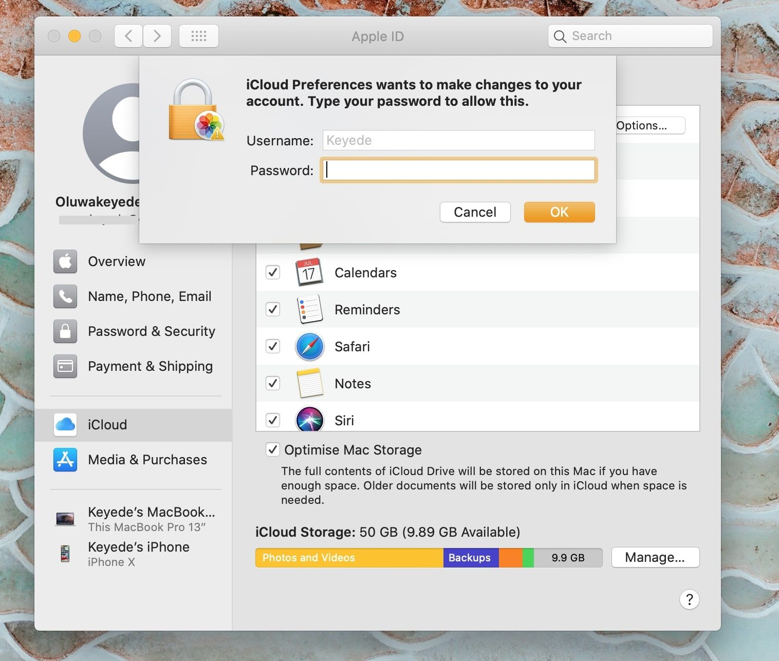 Page des paramètres Mac iCloud affichant une demande de mot de passe administrateur
