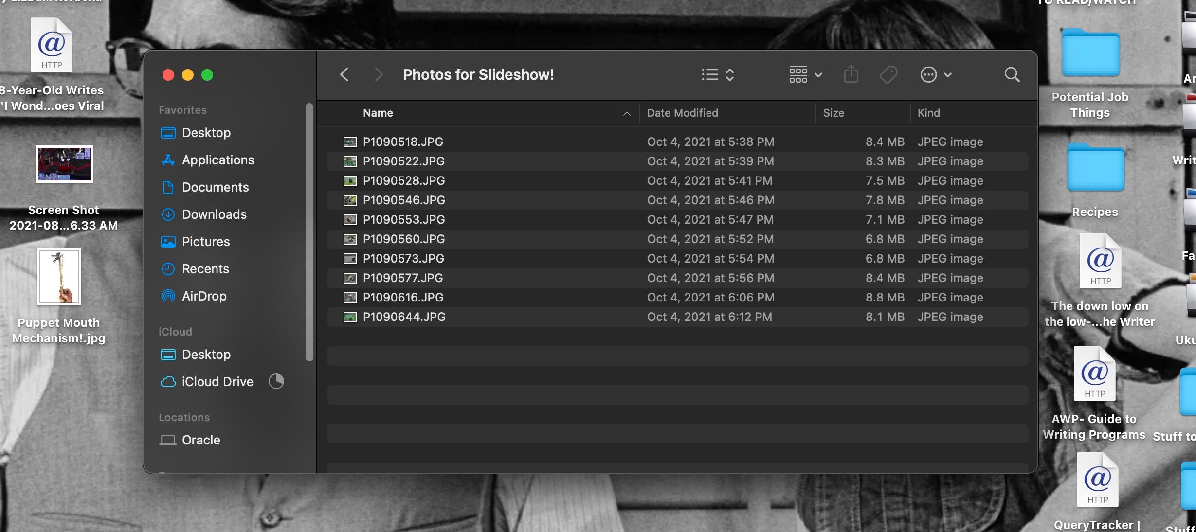 Photos préparées pour être insérées dans le diaporama iMovie enregistré dans le dossier Finder sur Mac