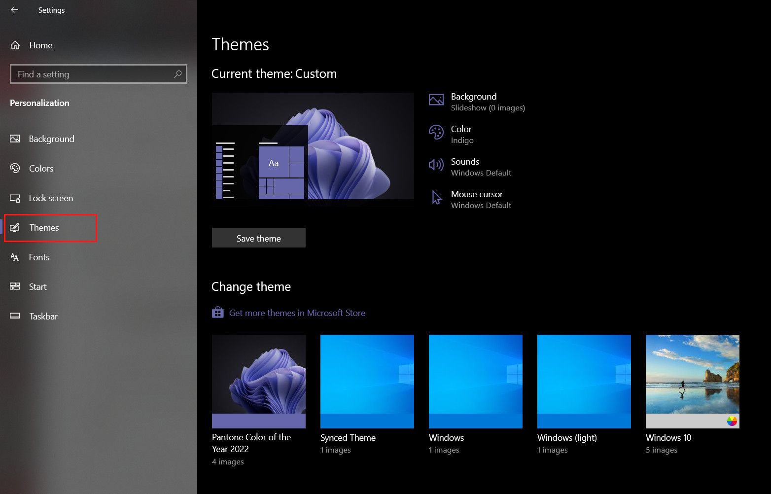 Paramètres des thèmes dans Windows 10