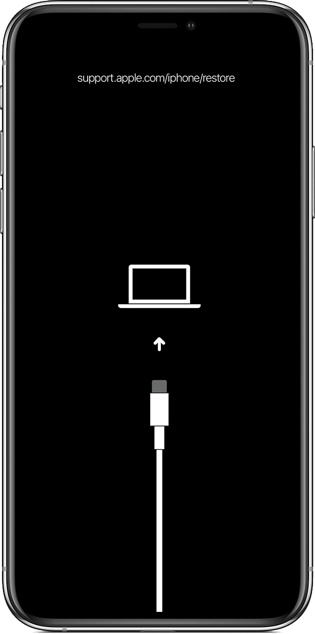 Écran noir du mode de récupération de l'iPhone avec un câble pointant vers un ordinateur portable