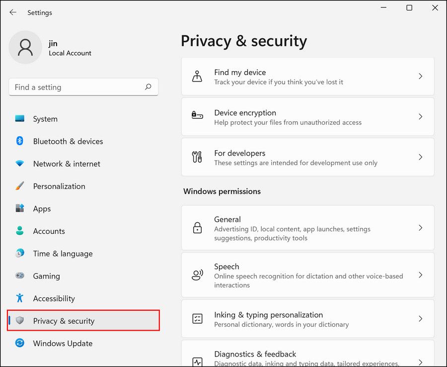 Section Confidentialité et sécurité dans les paramètres Windows 