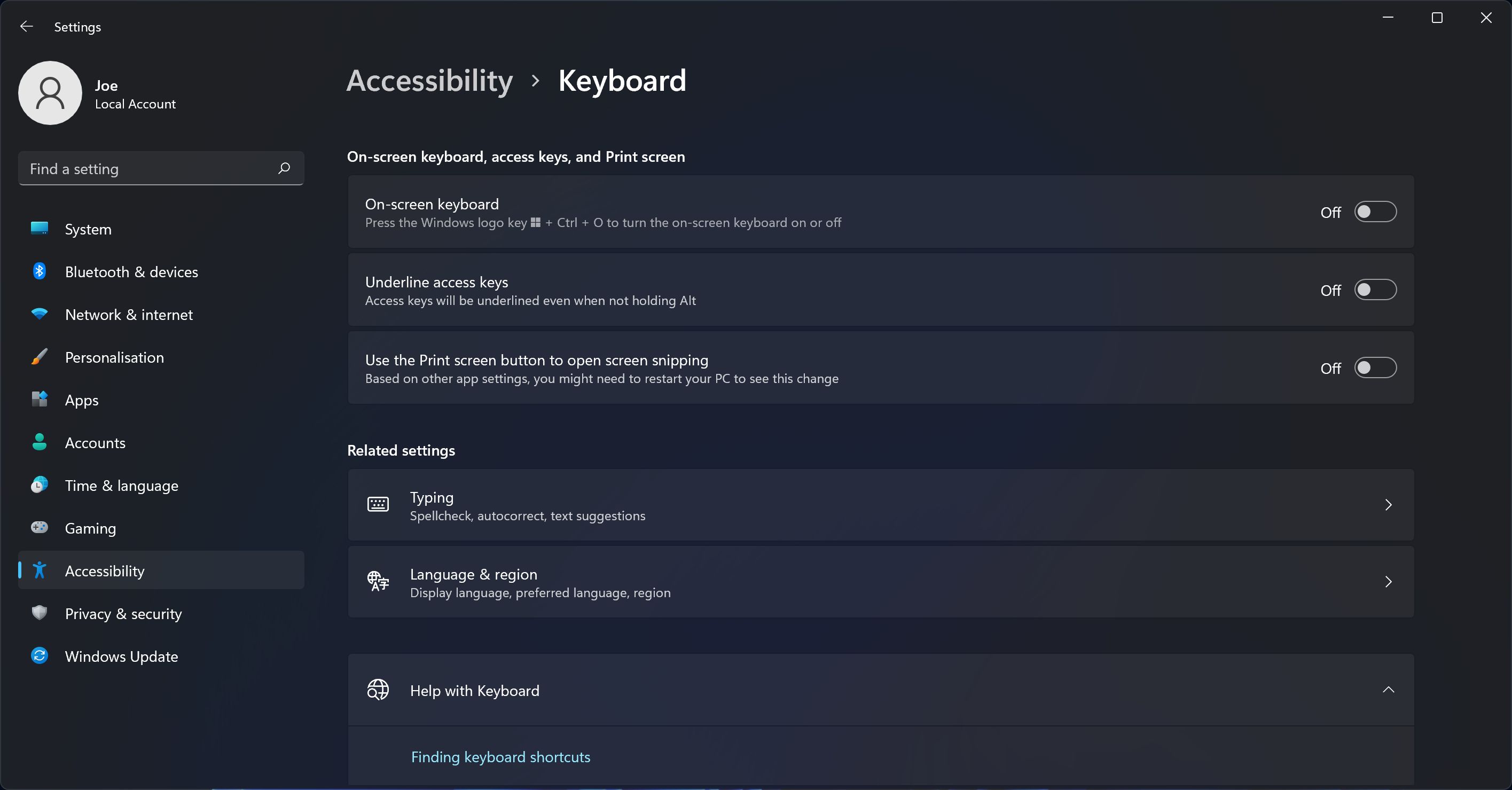 Paramètres du clavier d'accessibilité Windows 11