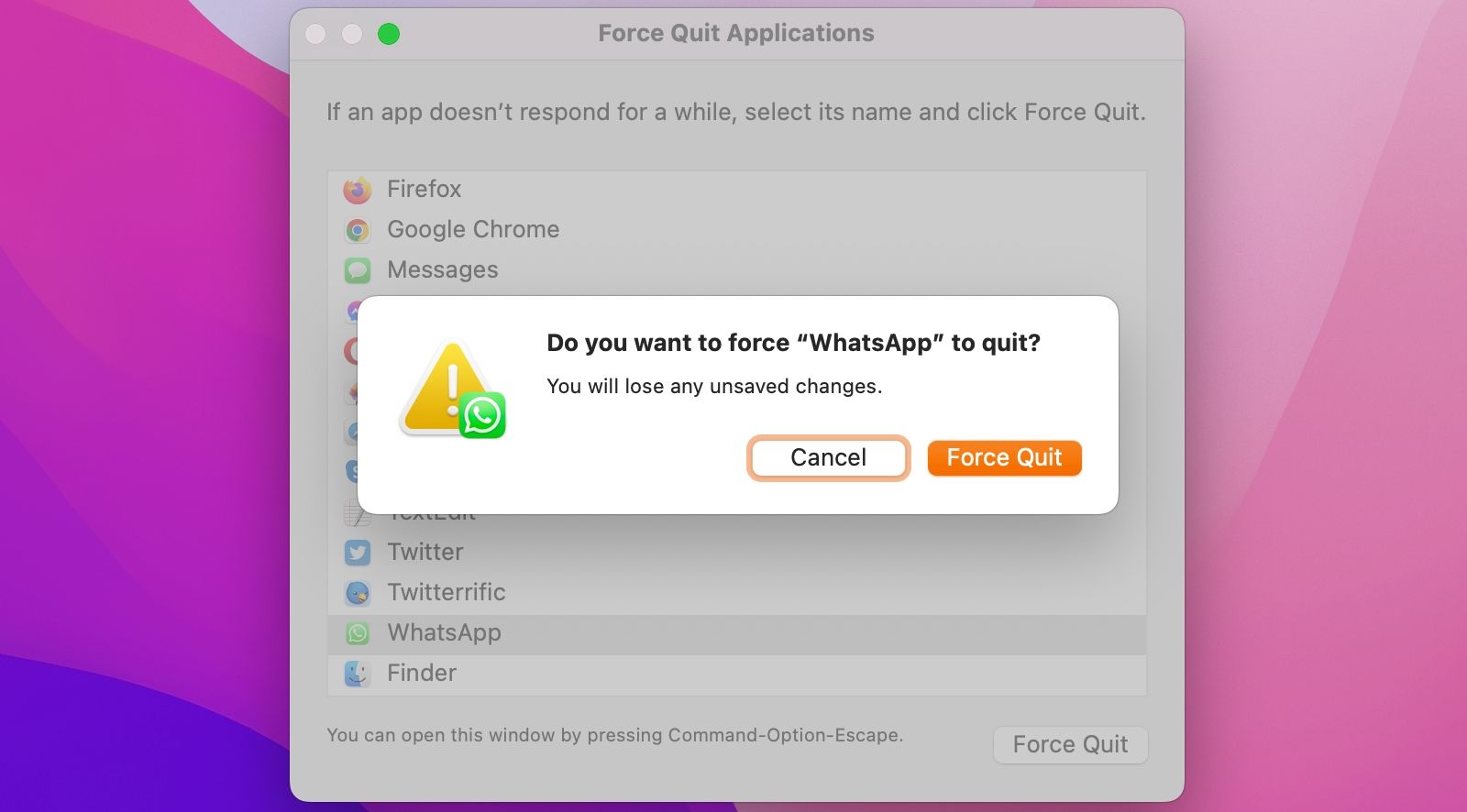Forcer la fermeture de l'application WhatsApp dans macOS Monterey