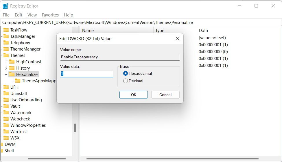 modification du dword enabletransparency dans le registre Windows