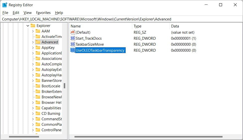 l'entrée useoledtaskbartransparency dans l'éditeur de registre Windows