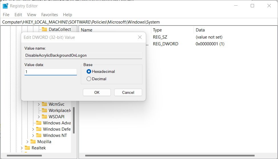modification du dword disableacrylicbackgroundonlogon dans l'éditeur de registre Windows