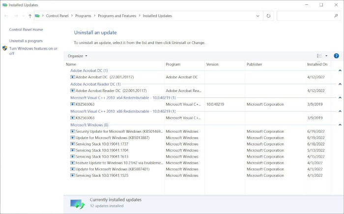 Mauvaise configuration du système Liste des mises à jour Windows