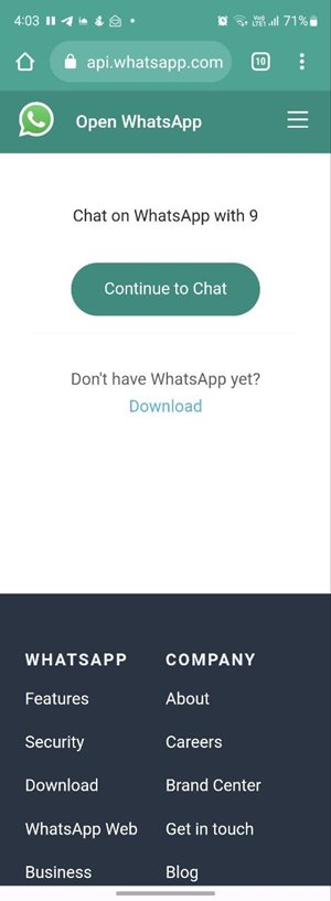 Cliquez sur Whatsapp pour discuter du lien Continuer