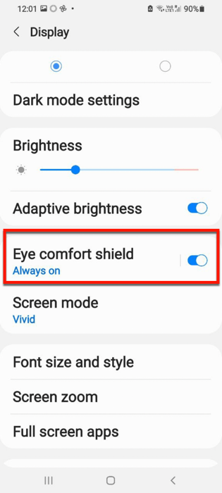 Menu des paramètres d'affichage du confort des yeux Android