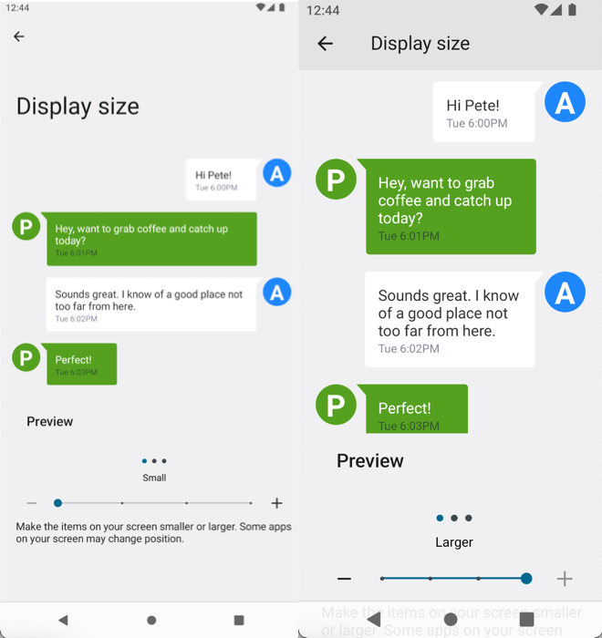 Modifications de la taille d'affichage Menu des paramètres d'affichage Android