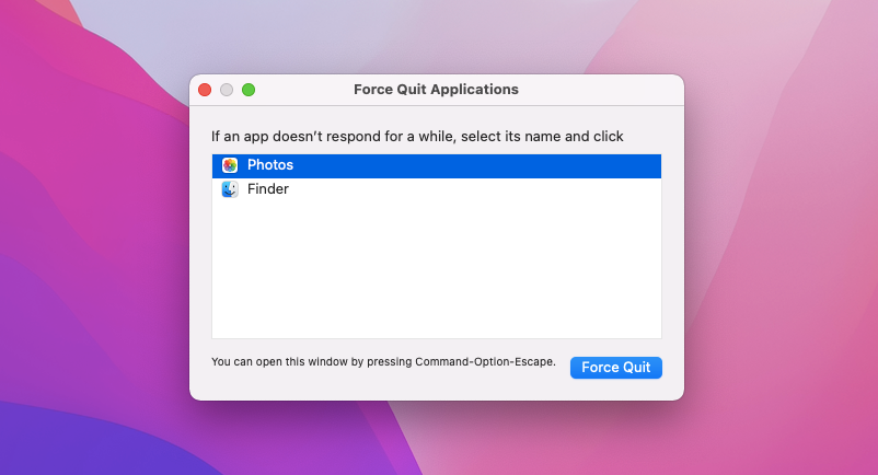 Forcer l'arrêt de l'application Photos sur Mac.