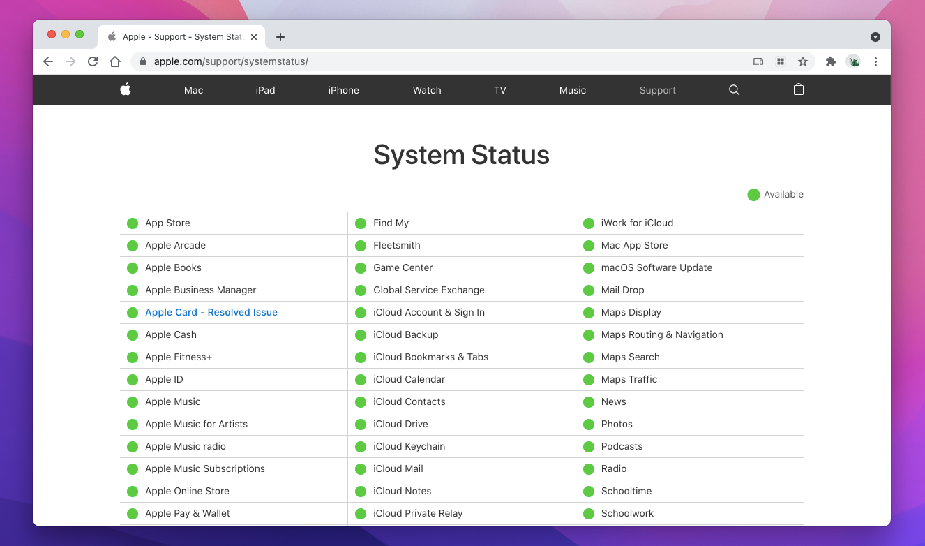 Vérification de l'état du système Apple.