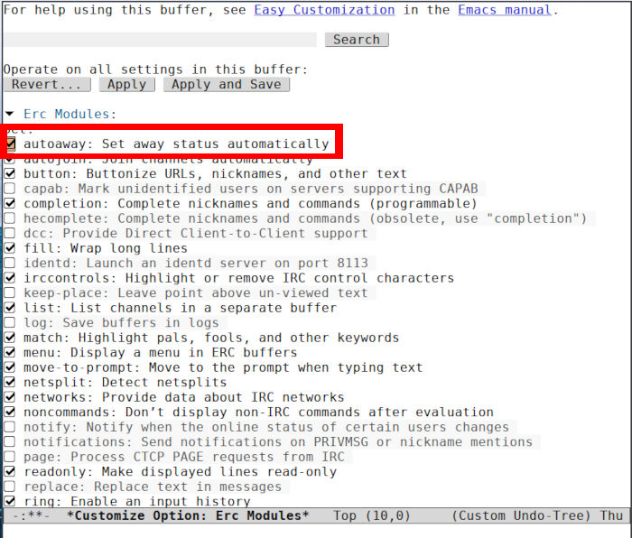 Emacs IRC 21 Activer le module Autoaway
