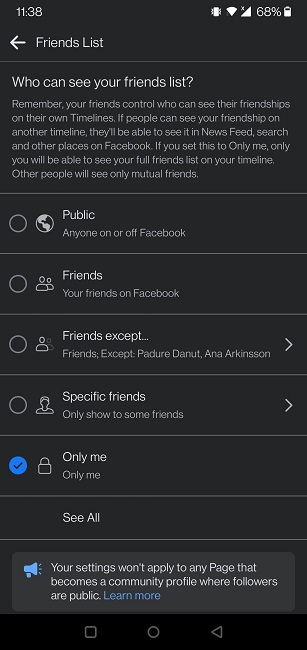 Masquer les options de confidentialité de votre liste d'amis Facebook