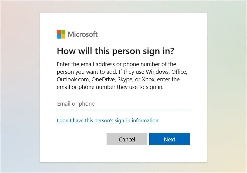 Boîte de dialogue de connexion Microsoft