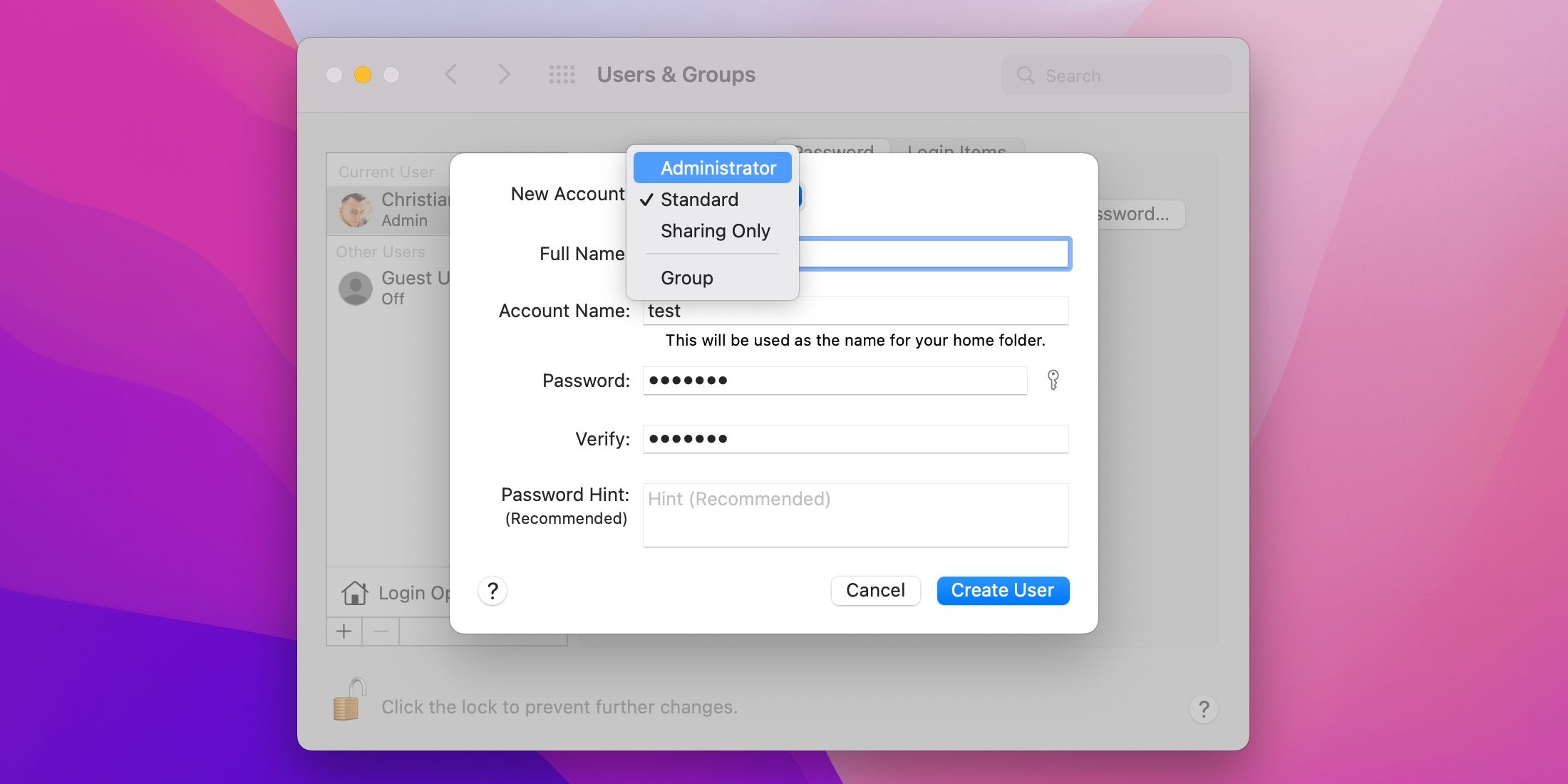 macOS Monterey montrant la création d'un nouveau compte administrateur Mac dans la section Utilisateurs et groupes des Préférences Système