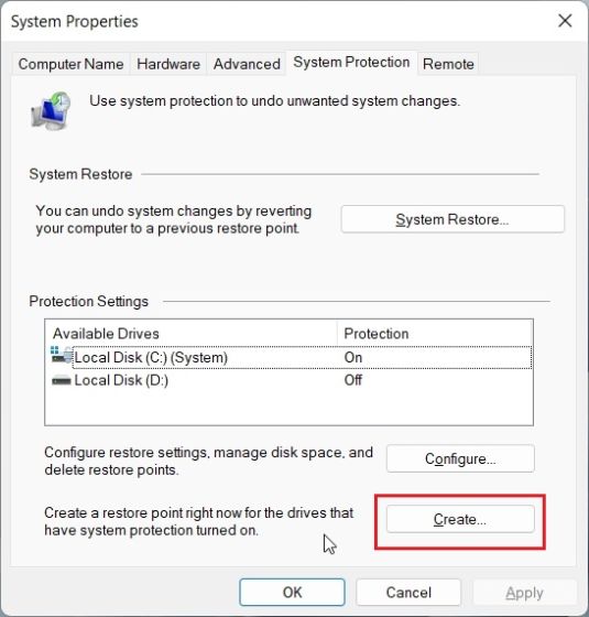 Créer un point de restauration dans Windows 11