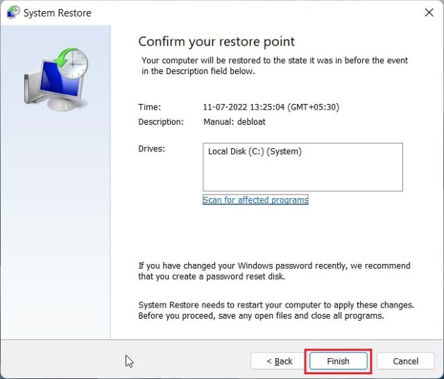 Exécutez la restauration du système dans Windows 11