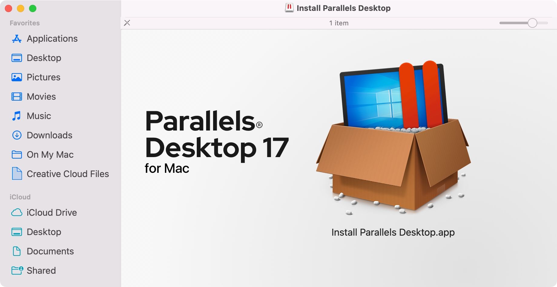 Une image disque Parallels Desktop montée dans le Finder du Mac