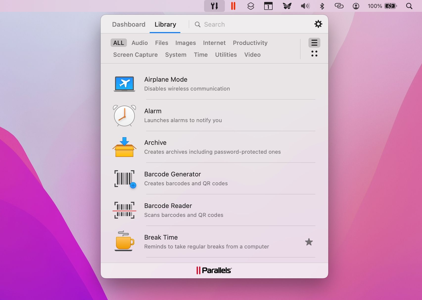 Accéder à Parallels Desktop Toolbox à partir de la barre de menus macOS