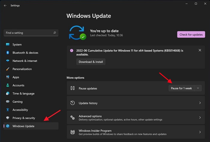 Optimiser Windows 11 Mettre en pause Windows Update