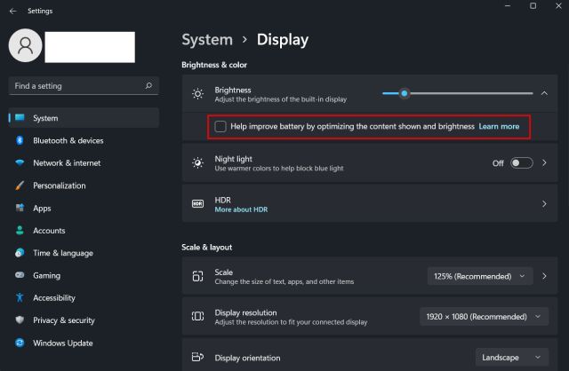 Modifier la luminosité dans Windows 11 à partir des paramètres Windows