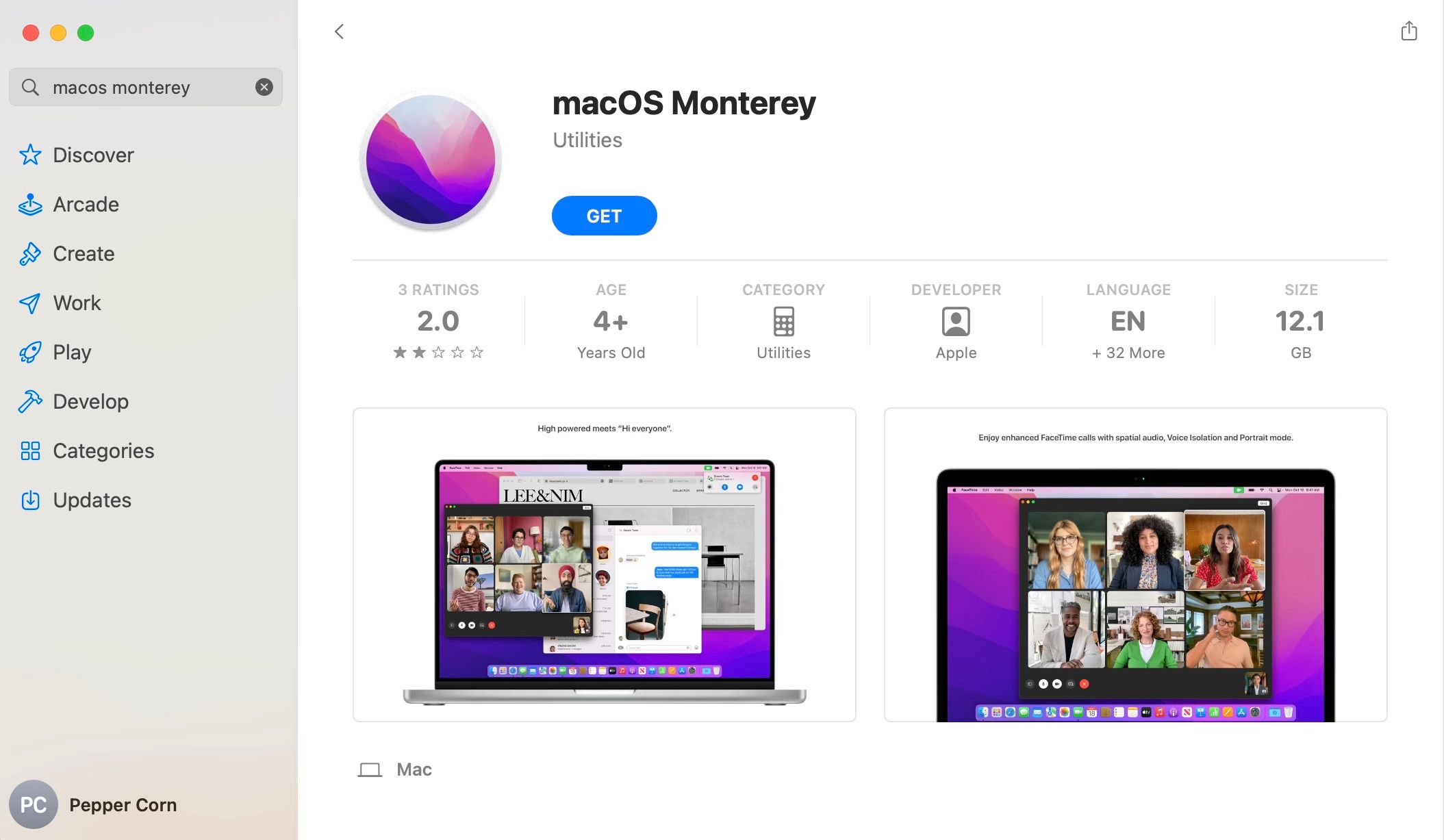 Capture d'écran de l'App Store montrant la page de téléchargement de macOS Monterey