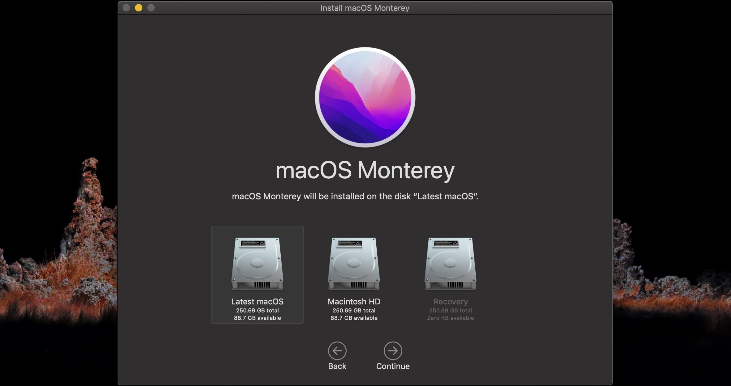 Capture d'écran de la fenêtre de dialogue d'installation pour macOS Monterey