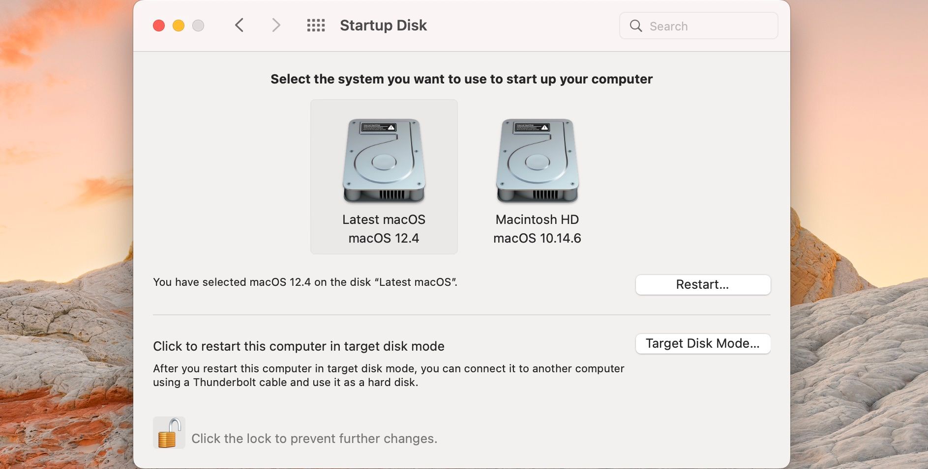 Capture d'écran des préférences du disque de démarrage sur un ordinateur macbook.