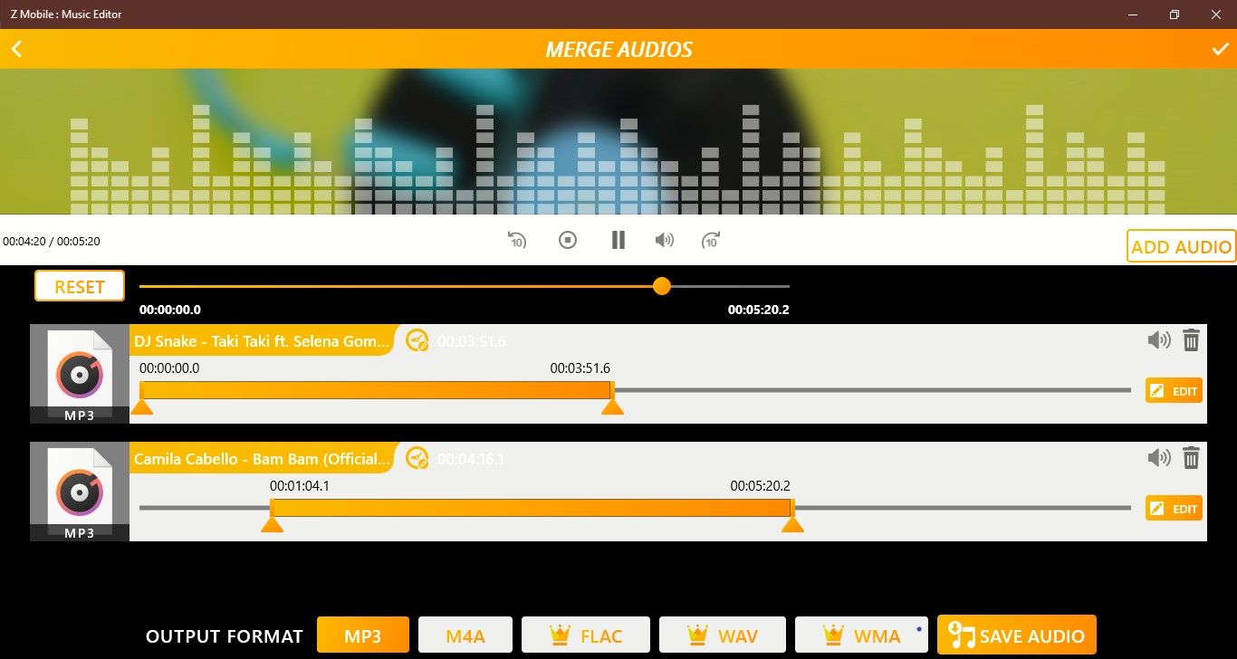Menuisier audio dans l'application Z Mobile Music Editor pour Windows