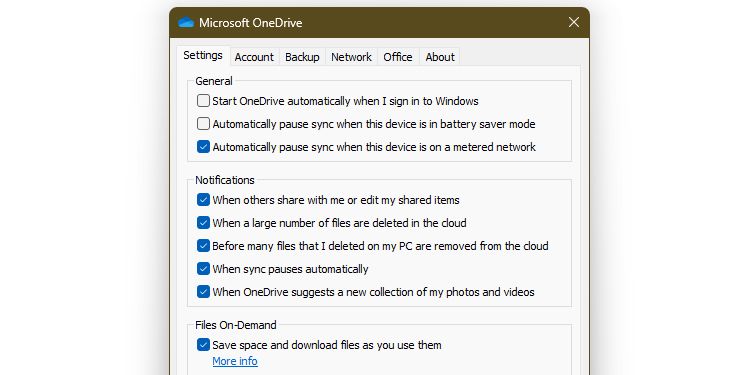 Fenêtre des paramètres de Microsoft OneDrive pour la pause automatique
