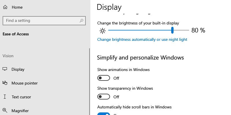 les paramètres d'affichage sur Windows 10, avec la bascule pour afficher la transparence dans les fenêtres désactivée
